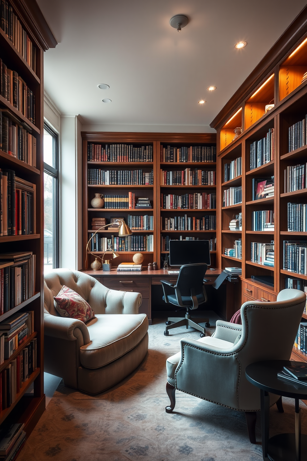 Cozy reading nook with large windows. Soft armchairs are positioned near the windows, surrounded by shelves filled with books and a small side table for drinks. Home office featuring a modern desk and ergonomic chair. The walls are painted in a calming blue, with a bulletin board and inspirational artwork to enhance creativity. Library design ideas with floor-to-ceiling bookshelves. A comfortable sofa and reading lights create an inviting atmosphere for book lovers.