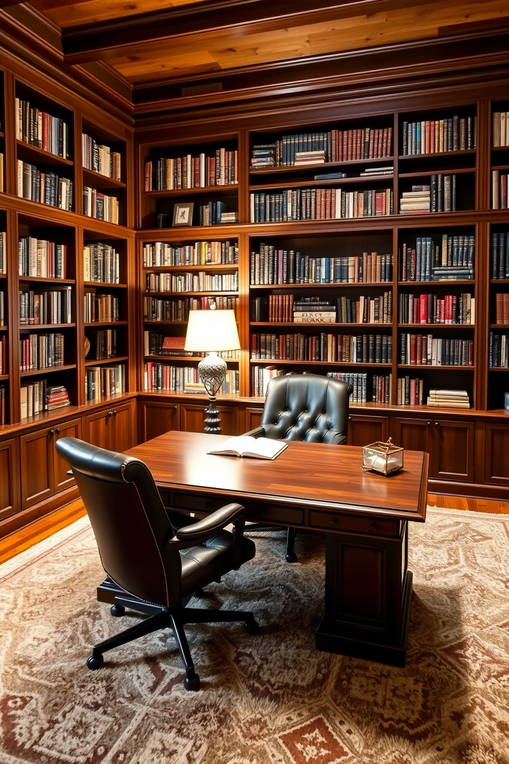 A cozy home office library featuring rustic wooden beams that add warmth and character to the space. The walls are lined with built-in bookshelves filled with an eclectic collection of books and decorative items. A large wooden desk sits in the center, complemented by a vintage leather chair for an inviting workspace. Soft lighting from a stylish lamp casts a warm glow, creating an ideal atmosphere for reading and productivity.