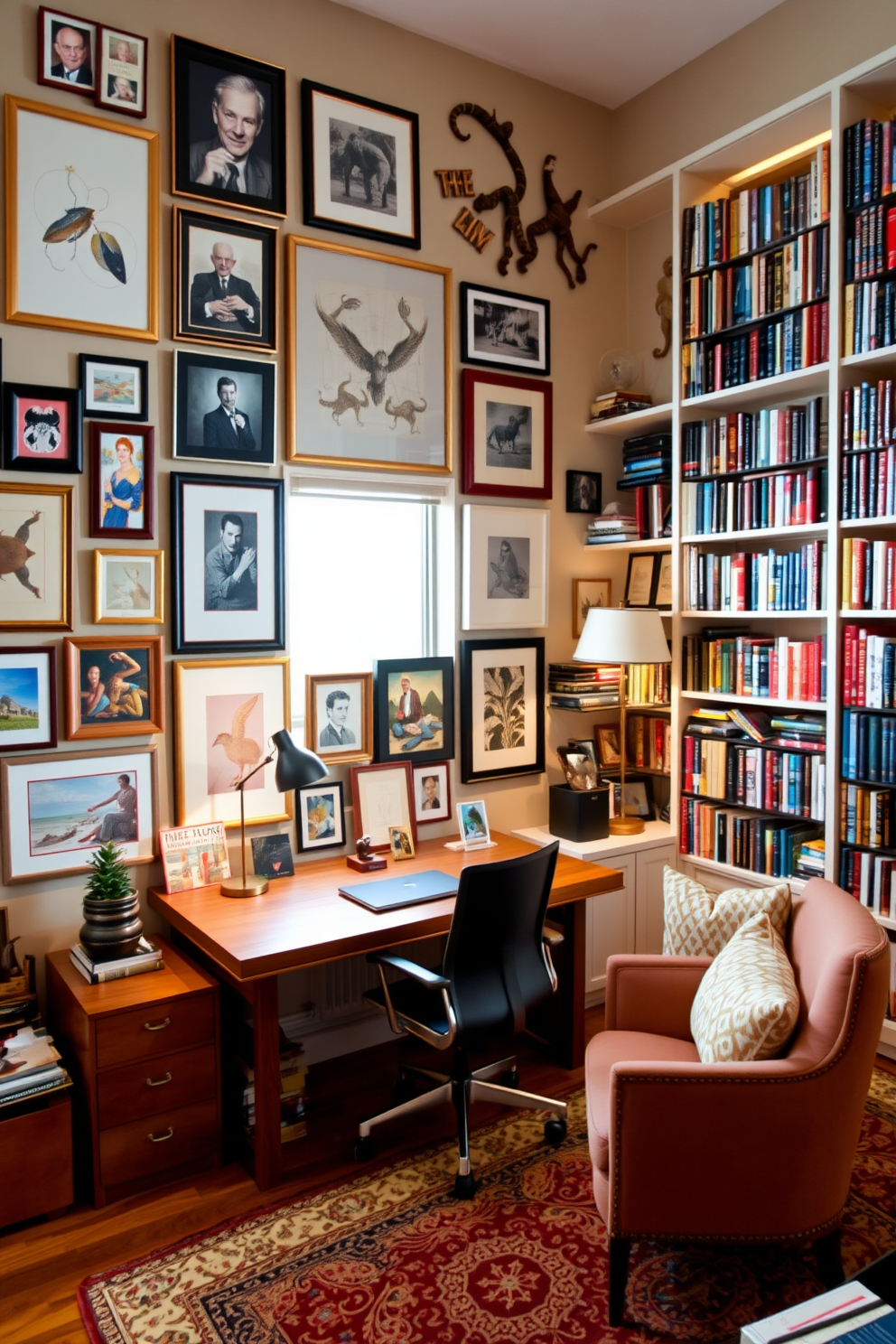 A stylish home office library featuring a sleek wall-mounted desk that folds down when needed. The space includes built-in bookshelves filled with books and decorative items, with a comfortable reading chair in the corner for relaxation. The room is designed with a neutral color palette, accented by warm wood tones and soft lighting. A cozy area rug lies beneath the desk and chair, creating an inviting atmosphere for work and study.