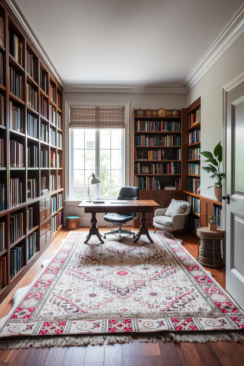 A cozy home office library featuring soft rugs that enhance comfort. The space includes a large wooden desk, bookshelves filled with books, and a plush armchair for reading.