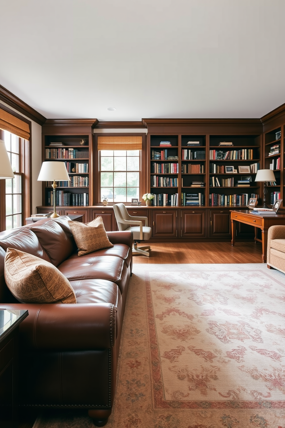 A cozy home office library featuring layered rugs for added warmth. The space includes a large wooden desk positioned in front of a floor-to-ceiling bookshelf filled with books and decorative items. Soft, textured rugs in varying sizes are layered under the desk and seating area, creating a welcoming atmosphere. Natural light floods the room through a large window adorned with sheer curtains, enhancing the inviting feel of the space.