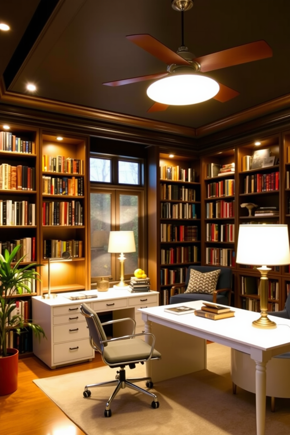 A bright and inviting home office library featuring large windows that allow natural light to flood the space. The room is filled with built-in bookshelves, a comfortable reading chair, and a sleek wooden desk positioned to take advantage of the sunlight.