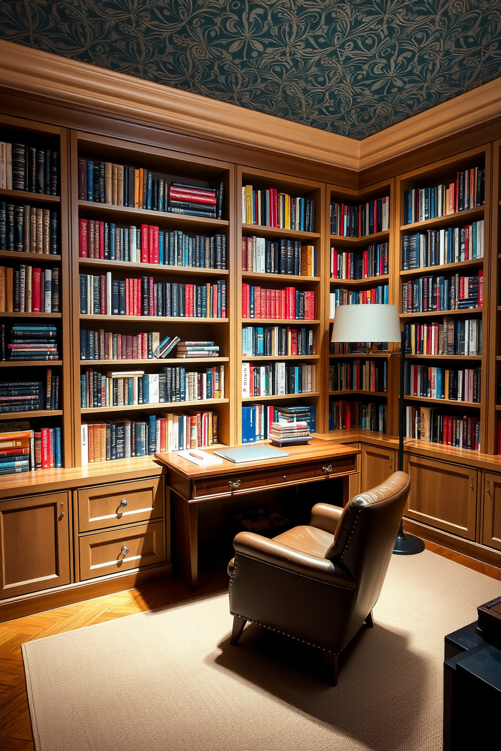 A modern home office library features a blend of open and closed shelving that elegantly displays books and decorative items. The space is illuminated by natural light streaming through large windows, while a cozy reading nook is nestled in one corner with a plush armchair and a small side table.