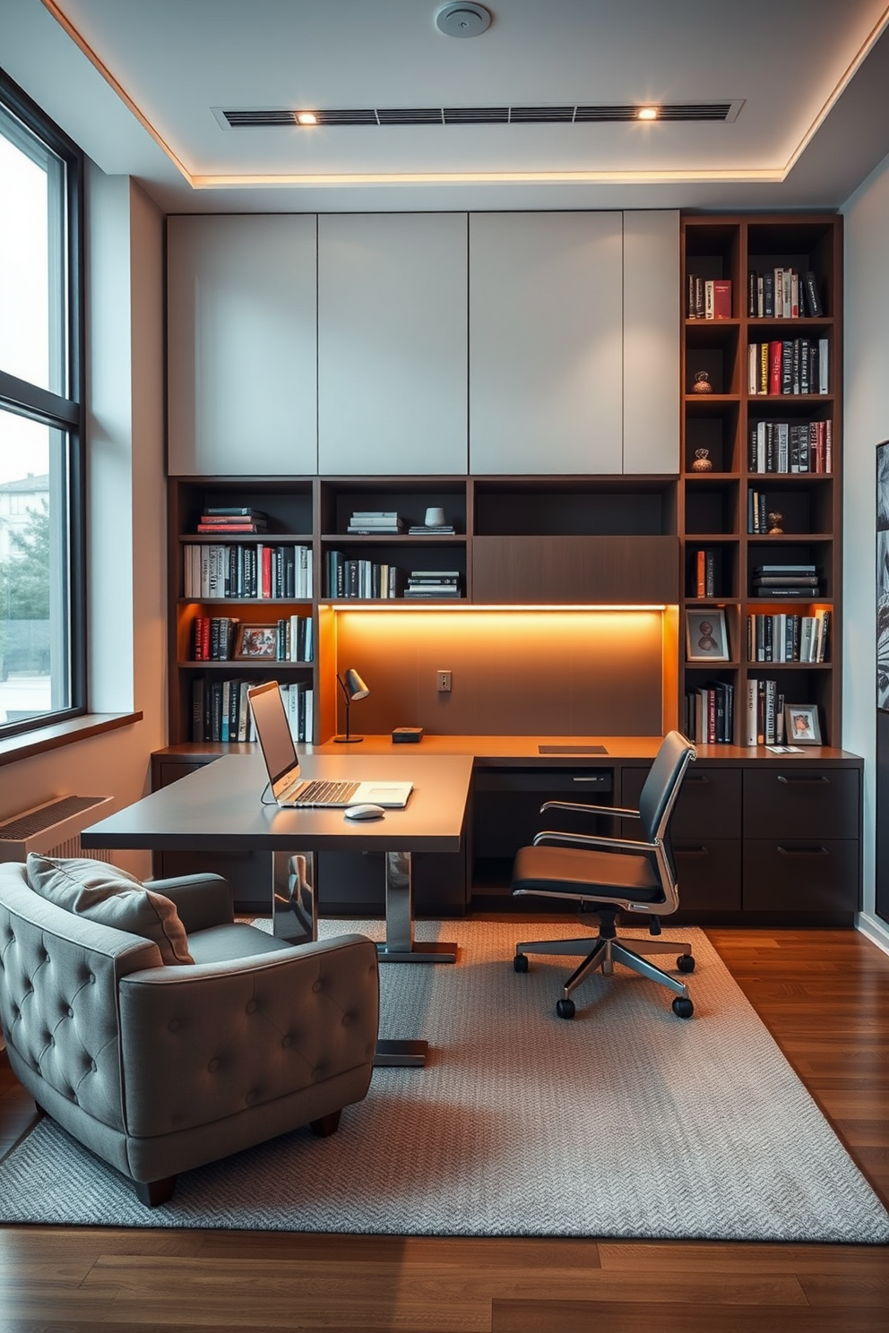 A functional desk with integrated storage features a sleek wooden surface that complements the contemporary style of the room. Behind the desk, built-in shelves house an array of books and decorative items, creating an inviting workspace. The home office library is designed with warm lighting that highlights the rich textures of the furniture. A cozy reading nook with a plush armchair and a small side table invites relaxation amidst the organized chaos of work.