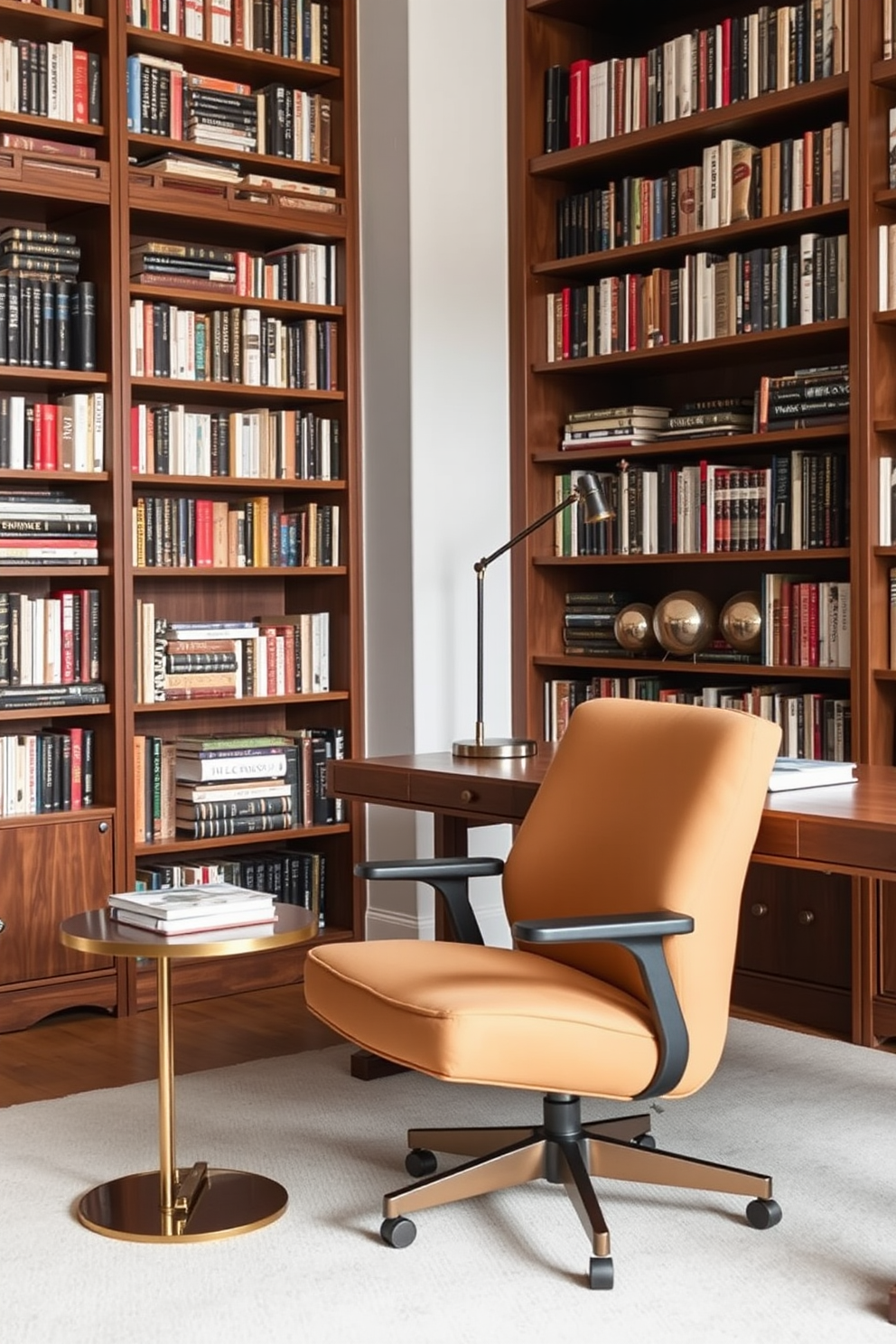 Chic pendant lights hang gracefully from the ceiling, casting a warm glow over the workspace. The sleek design features a mix of metal and glass, adding a contemporary flair to the room. The home office library is designed with built-in shelves that reach the ceiling, filled with an array of books and decorative items. A comfortable reading nook is created with a plush armchair and a small side table, inviting relaxation and focus.