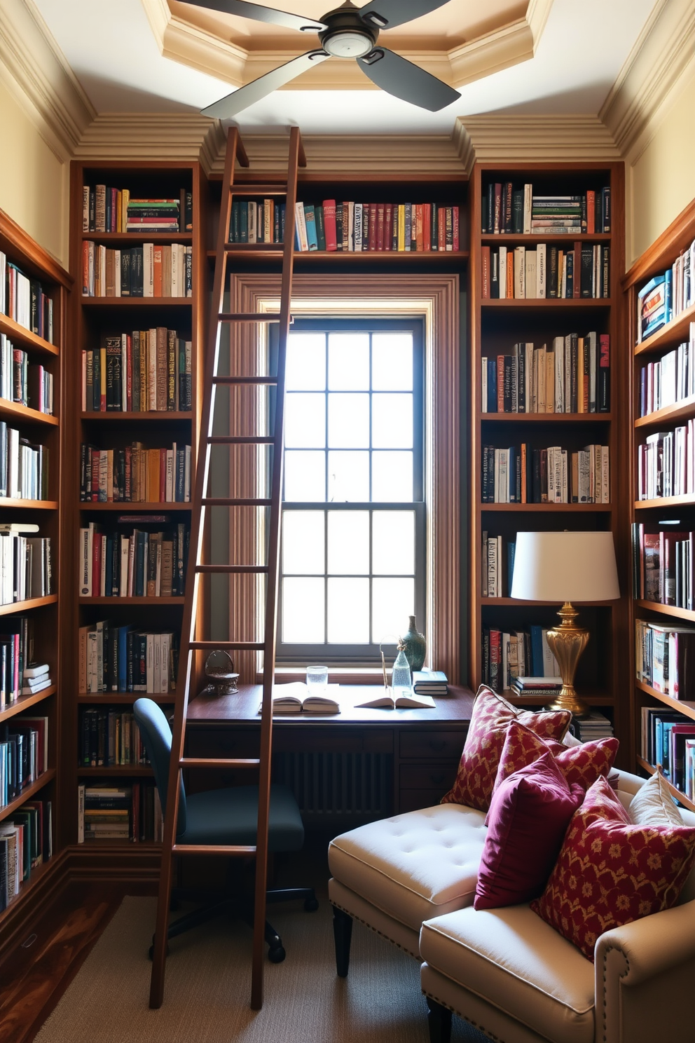 A cozy home office library featuring a rich wooden desk paired with a plush leather chair. The walls are lined with dark wood bookshelves filled with an array of books, while a soft area rug adds warmth to the hardwood floor. Natural light streams in through large windows adorned with sheer curtains, creating a bright and inviting atmosphere. A stylish floor lamp stands next to a comfortable reading nook, complete with a vintage armchair and a small side table.