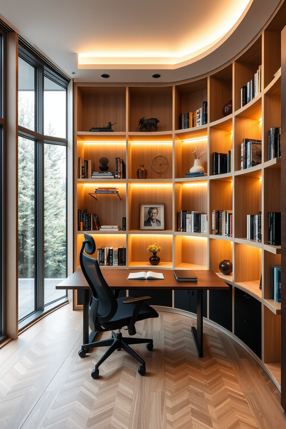 A cozy home office library featuring built-in bookshelves that stretch from floor to ceiling. A stylish wooden ladder leans against the shelves, offering easy access to the books and decorative items displayed throughout.