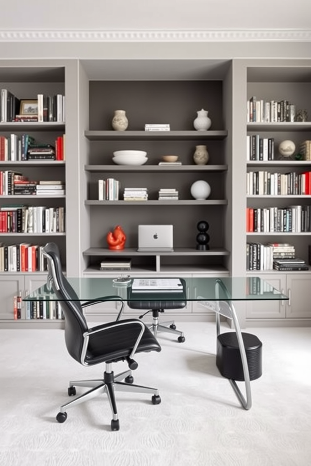 A quiet corner with a small side table features a plush armchair in a soft fabric. The side table holds a stack of books and a stylish lamp, creating an inviting reading nook. The home office library is designed with built-in shelves filled with books and decorative items. A large desk faces a window, allowing natural light to illuminate the workspace while maintaining a cozy atmosphere.