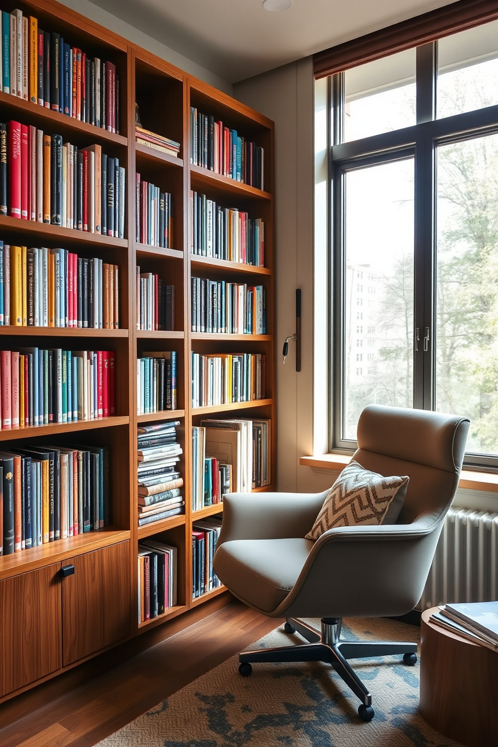 A vintage globe sits elegantly on a wooden bookshelf, surrounded by an array of classic leather-bound books. The warm lighting from a brass desk lamp casts a cozy glow over the rich mahogany desk, creating an inviting workspace. The walls are adorned with framed maps and travel photographs, enhancing the room's global theme. A plush armchair in a deep burgundy fabric offers a comfortable reading nook beside the window, inviting inspiration and creativity.