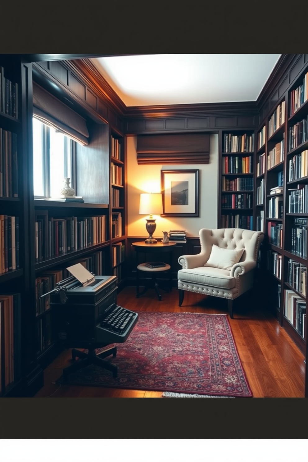 A personalized bookshelf filled with family photos creates a warm and inviting atmosphere. The shelves are made of dark wood and are adorned with various decorative items alongside the framed pictures. The home office features a sleek modern desk with a comfortable ergonomic chair. Large windows allow natural light to flood the space, enhancing productivity and creativity. The library design incorporates cozy reading nooks with plush armchairs and soft lighting. Rich wood paneling and built-in shelves create a classic and timeless feel throughout the room.