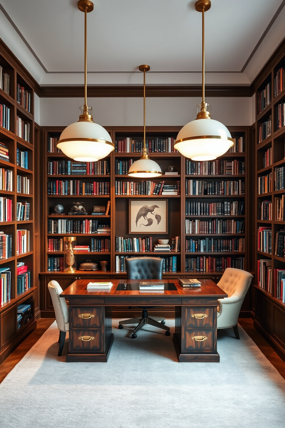 A home office library that seamlessly integrates hidden technology for a sleek appearance. The design features built-in bookshelves with concealed compartments for tech devices, maintaining an uncluttered aesthetic. The workspace includes a modern desk with cable management solutions and minimalist lighting. A cozy reading nook is created with a plush armchair and a side table, surrounded by shelves filled with books and decorative items.