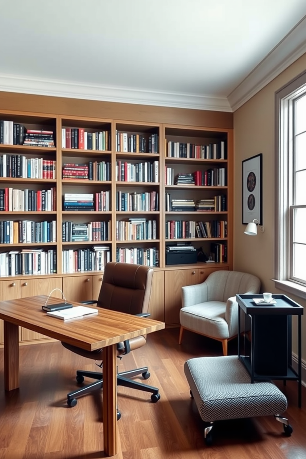 A cozy home office library with warm wooden shelves filled with books. A large desk made of reclaimed wood sits in front of a window, surrounded by lush green plants that bring life to the space. The walls are painted in a soft cream color to create a serene environment. A comfortable armchair in a muted fabric is placed next to a small side table adorned with a potted succulent.