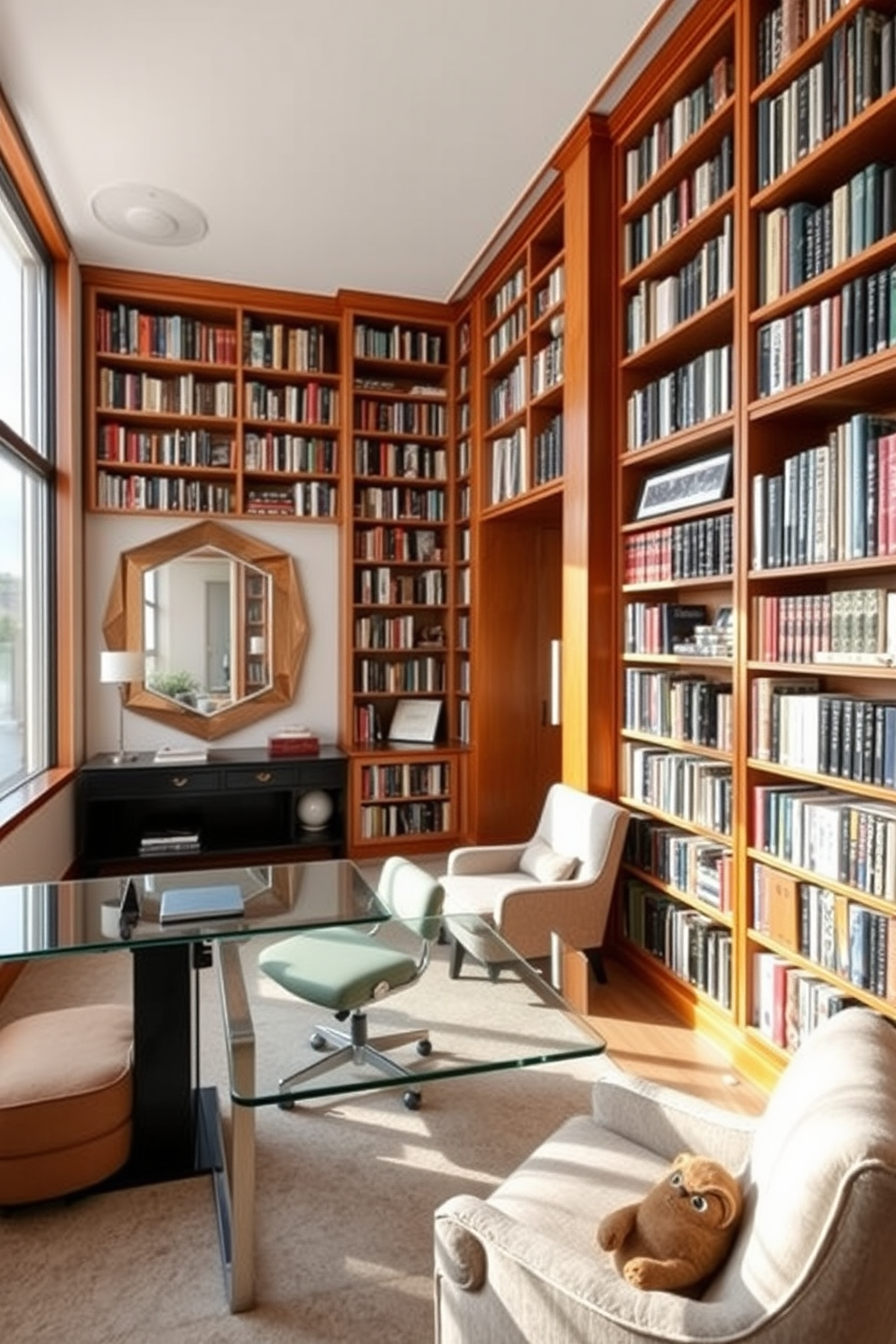 A modern home office library features floating shelves made of dark wood, elegantly displaying an array of books and decorative items. A stylish desk sits beneath the shelves, complemented by a comfortable ergonomic chair and warm ambient lighting. The walls are painted in a soft gray, creating a calming atmosphere that enhances focus and creativity. A plush area rug anchors the space, adding warmth and texture to the minimalist design.