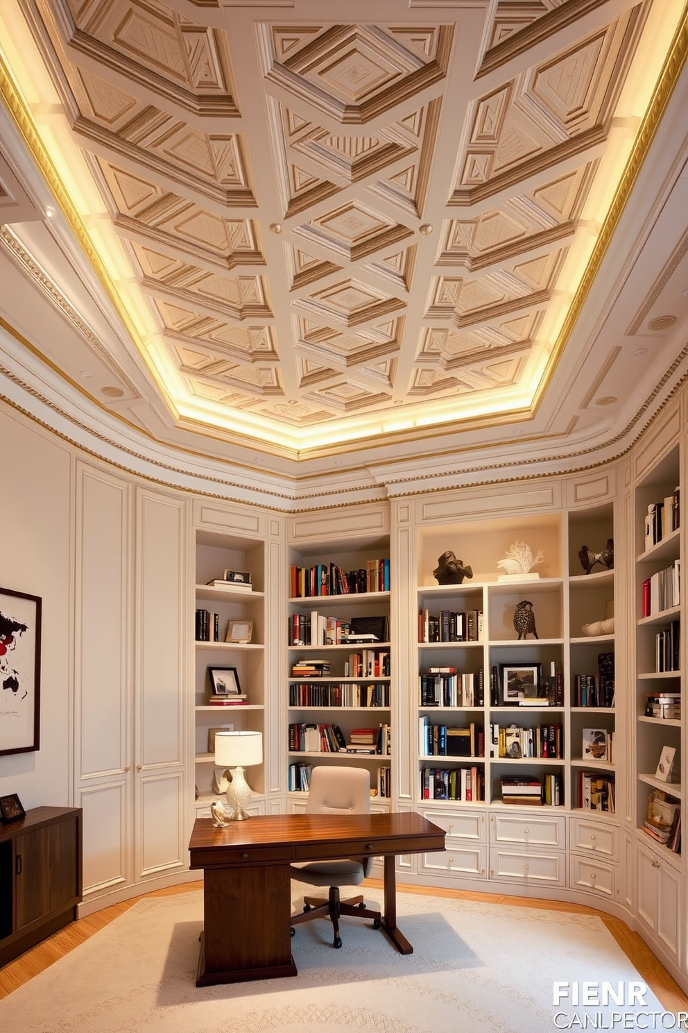 A serene home office library with elegant curtains that gently diffuse the natural light streaming through the large windows. The space features a rich wooden desk paired with a plush ergonomic chair, surrounded by floor-to-ceiling bookshelves filled with an array of books and decorative items.