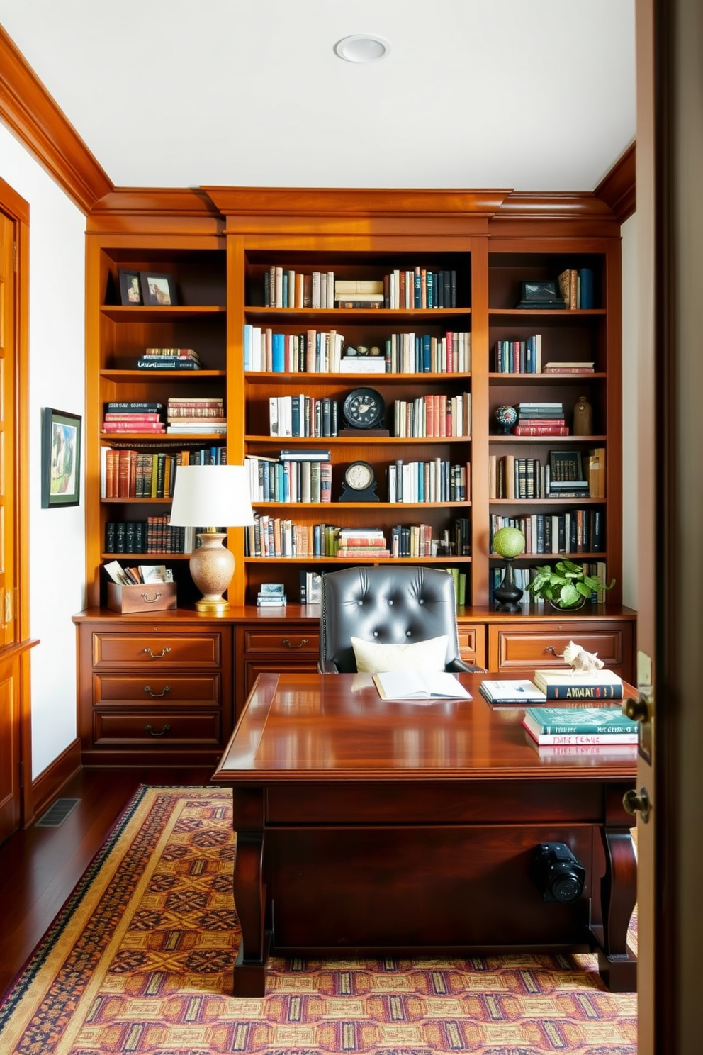 A stylish bulletin board filled with colorful magazine clippings and inspiring quotes is mounted on a light gray wall. Below, a sleek wooden desk with a minimalist design holds a laptop and a small potted plant, creating an inviting workspace. The home office library features built-in shelves lined with books and decorative items in warm wood tones. A cozy reading nook with a plush armchair and a small side table is positioned by a window, allowing natural light to fill the space.