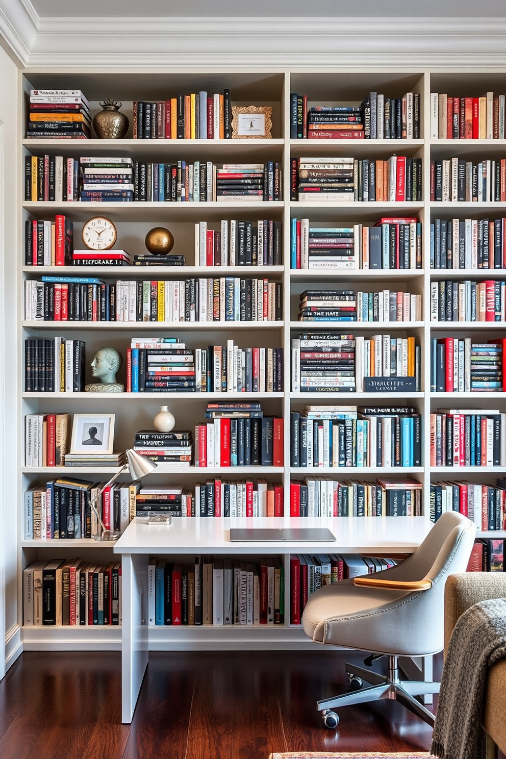 A unique coffee table made of reclaimed wood with an intricate geometric design. It features hidden storage compartments and a glass top that showcases decorative books and plants. A cozy home office library with floor-to-ceiling bookshelves filled with a mix of classic literature and modern reads. A comfortable armchair sits in the corner, accompanied by a small side table and a warm reading lamp for a perfect study nook.