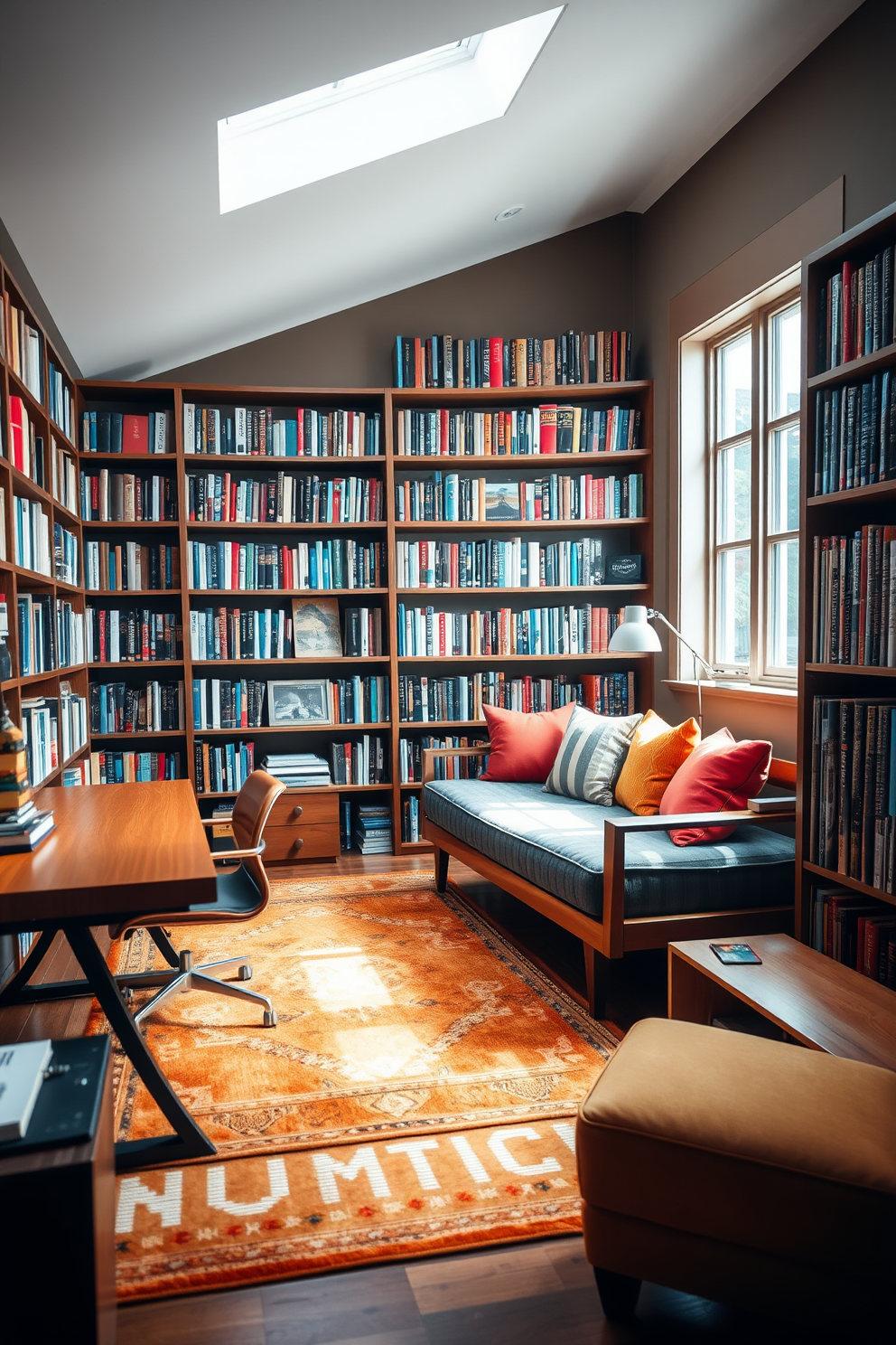 A cozy library nook features a built-in wooden bookshelf filled with books and decorative items. In the corner, a sleek desk with a comfortable ergonomic chair provides a functional workspace, bathed in natural light from a nearby window. The walls are painted in a warm beige tone, creating an inviting atmosphere. A plush area rug lies beneath the desk, and a small potted plant adds a touch of greenery to the space.