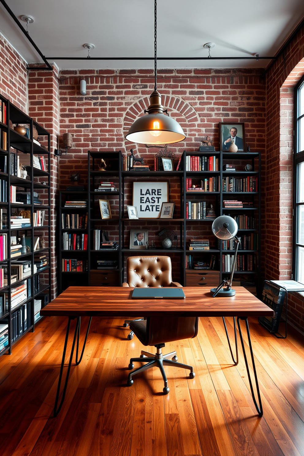 A modern desk with a sleek design is positioned in the center of the room, complemented by a pair of vintage wooden chairs that add character. The walls are lined with built-in bookshelves filled with an array of books, creating an inviting atmosphere for work and study. Natural light floods the space through large windows, highlighting the rich textures of a plush area rug beneath the desk. A small potted plant sits on the desk, bringing a touch of greenery to the sophisticated home office library.