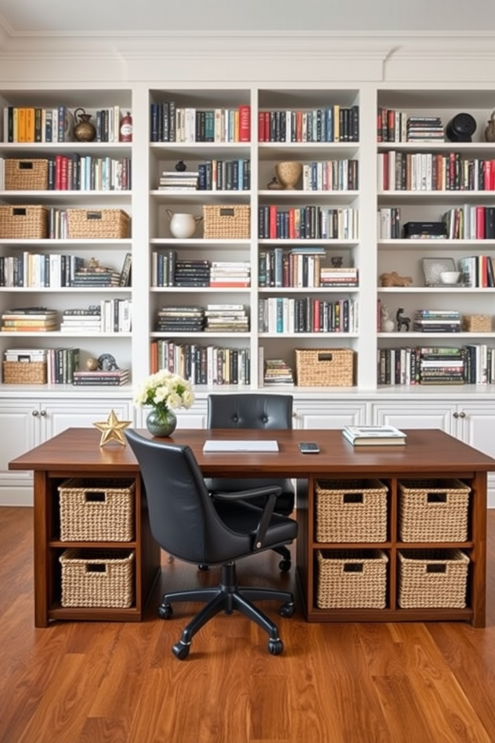 A modern home office featuring a sleek wooden desk with stylish desk accessories for organization. The desk is adorned with a minimalist pen holder, a decorative paper tray, and a chic desk lamp that complements the overall aesthetic. A cozy library nook designed with floor-to-ceiling bookshelves filled with an array of books. A plush armchair is positioned next to a small side table, creating an inviting reading corner illuminated by a warm floor lamp.