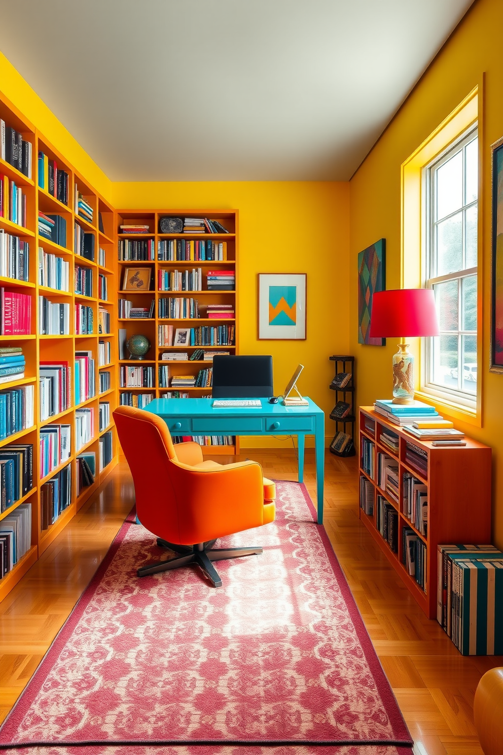 A cozy home office library featuring soft lighting that creates a warm and inviting atmosphere. The walls are lined with dark wooden bookshelves filled with an array of books, while a plush armchair sits in the corner next to a small side table. A large window allows natural light to filter in, complemented by elegant sheer curtains. The flooring is a rich hardwood, and a soft area rug adds comfort underfoot, enhancing the overall warmth of the space.