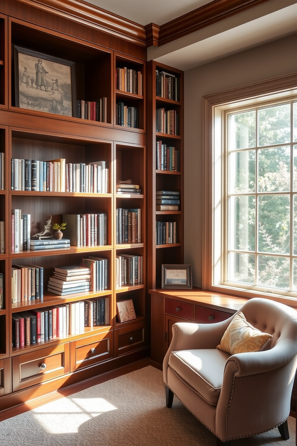 A cozy home office library featuring open shelving filled with an array of books and decorative items. A large wooden desk is positioned in front of a window, allowing natural light to illuminate the space.