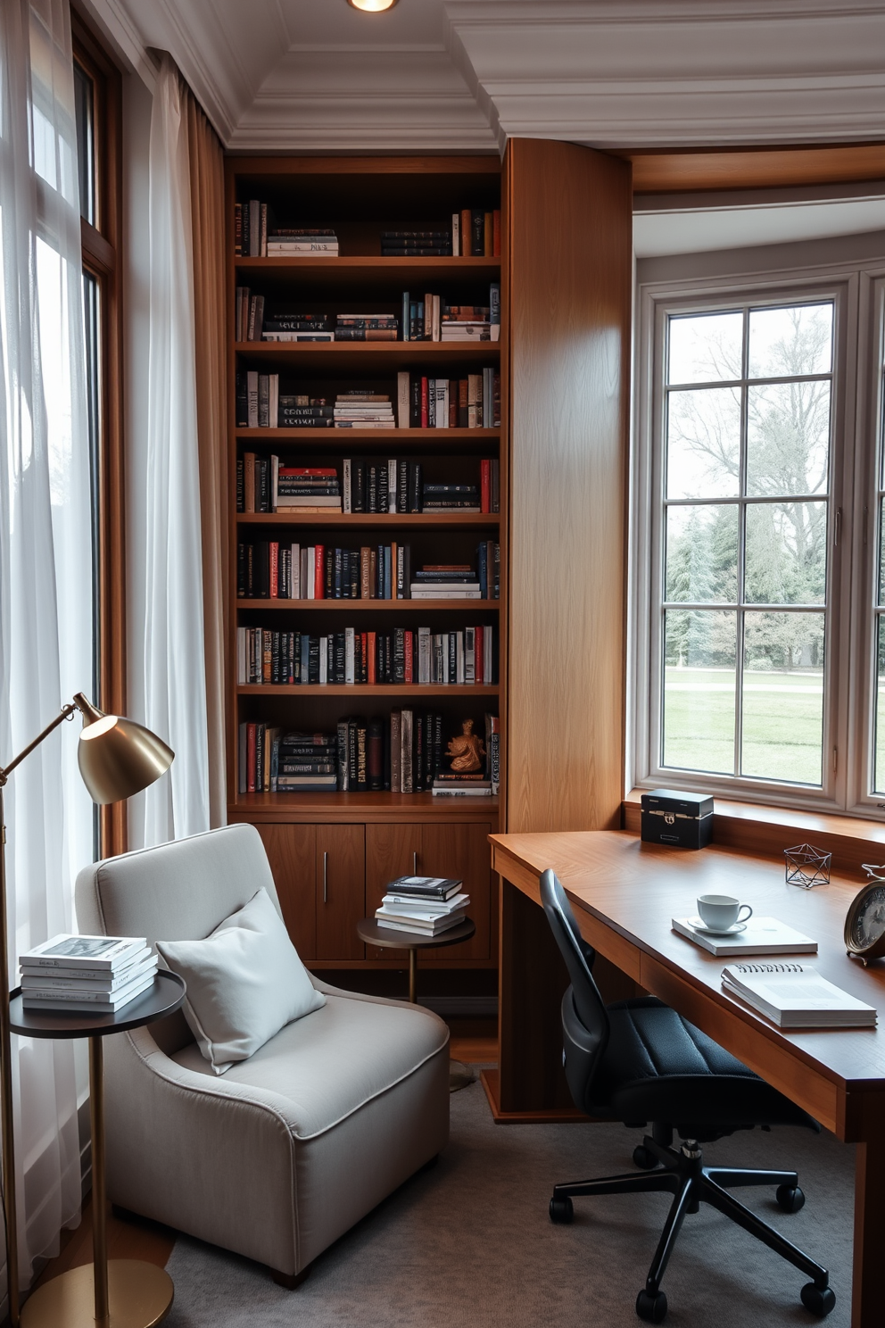 A home office library featuring dark wood bookshelves that stretch from floor to ceiling, creating a sense of elegance and sophistication. The shelves are filled with a curated collection of books, while a comfortable leather armchair sits invitingly in the corner, perfect for reading or relaxing.