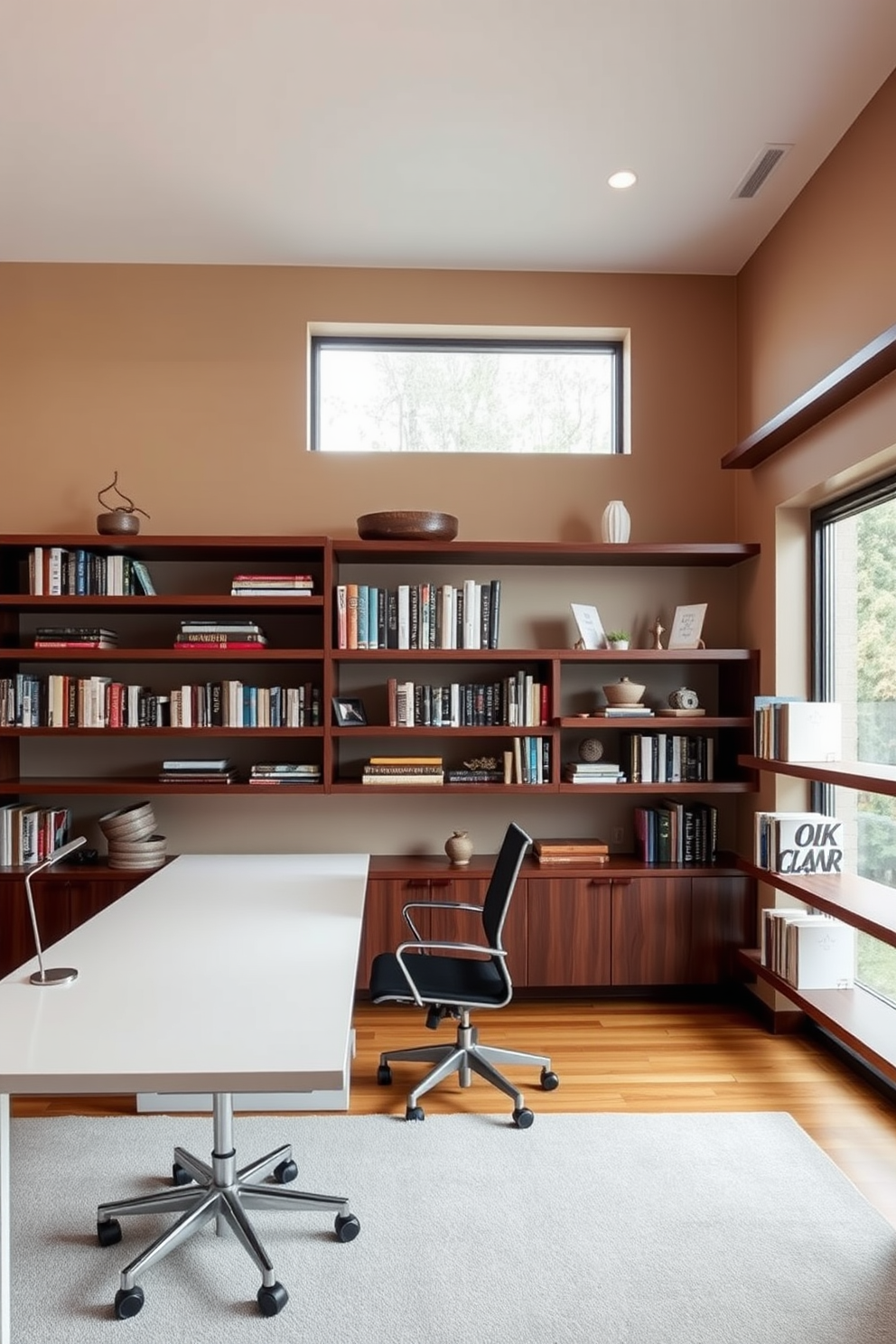 A modern home office library with integrated lighting that highlights the bookshelves. The shelves are filled with a mix of books and decorative items, creating a cozy yet sophisticated atmosphere. The workspace features a sleek wooden desk positioned beneath a large window, allowing natural light to flow in. A comfortable ergonomic chair complements the design, and soft LED lights illuminate the shelves and artwork on the walls.