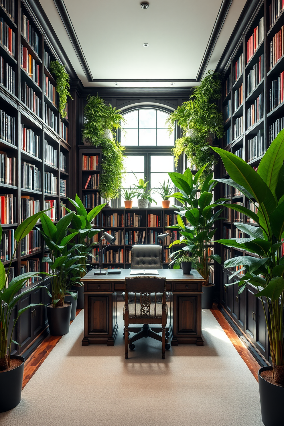 A modern home office library features sleek glass doors that create an open and airy atmosphere. Inside, floor-to-ceiling bookshelves are filled with an array of books, complemented by a stylish desk positioned near a large window for natural light. The room is adorned with contemporary furniture, including a comfortable reading chair and a minimalist coffee table. Soft lighting fixtures hang from the ceiling, enhancing the inviting ambiance while highlighting the elegant decor.