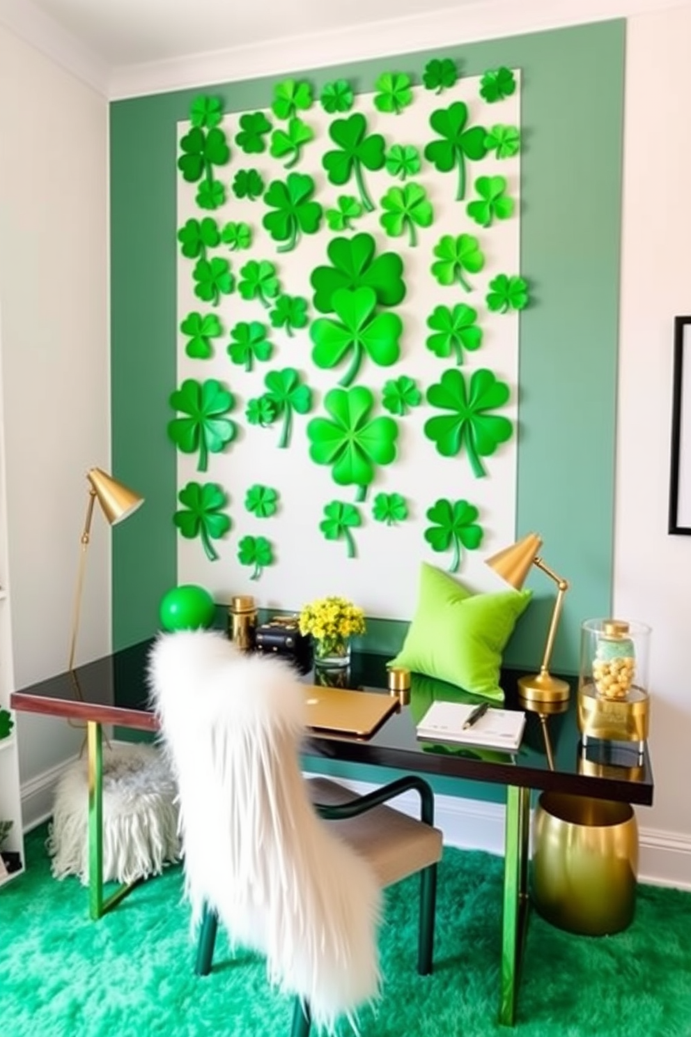 A cozy home office adorned with green shamrock wall decals that bring a festive touch to the space. The desk is made of dark wood and features a sleek design, complemented by a comfortable ergonomic chair in a neutral tone. Natural light floods the room through a large window, creating an inviting atmosphere. A small bookshelf filled with green-themed decor and St. Patrick's Day accents adds personality to the office.