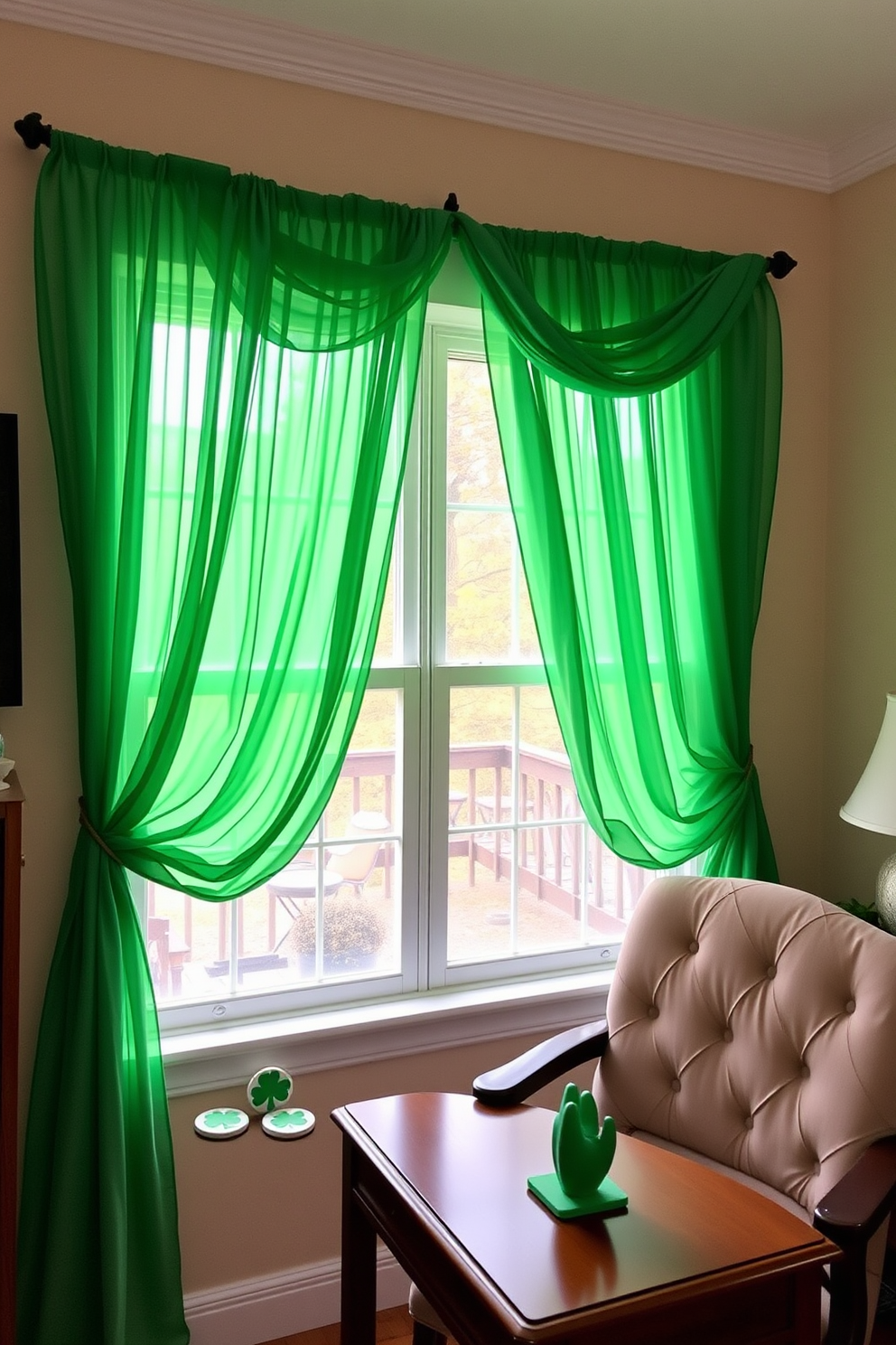 A cozy home office is adorned with vintage Irish postcards celebrating St. Patrick's Day. The walls are painted in a soft cream color, and a rustic wooden desk is positioned near a window, allowing natural light to illuminate the space.