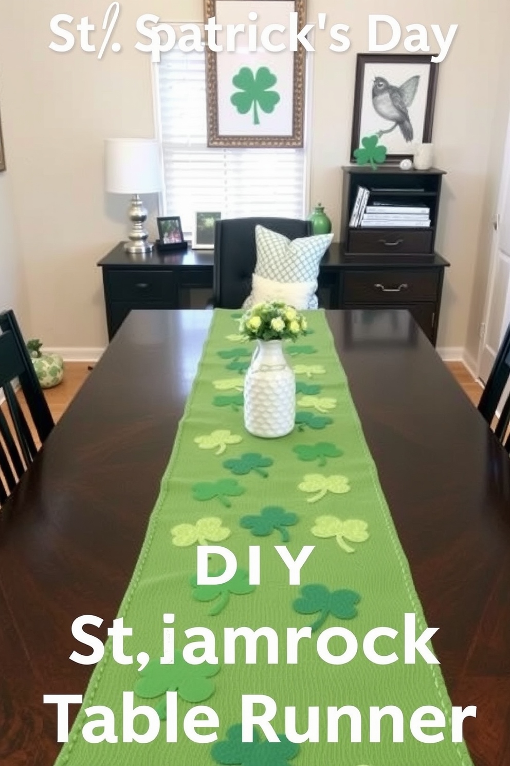 Create a charming DIY shamrock table runner design featuring a vibrant green fabric adorned with various sizes of shamrock appliques. The runner should have a playful yet elegant look, perfect for enhancing your St. Patrick's Day table setting. Design a cozy home office that incorporates St. Patrick's Day decorating ideas, using green accents and festive decor to create an inviting workspace. Include elements such as shamrock-themed artwork, green desk accessories, and a comfortable chair that inspires creativity.