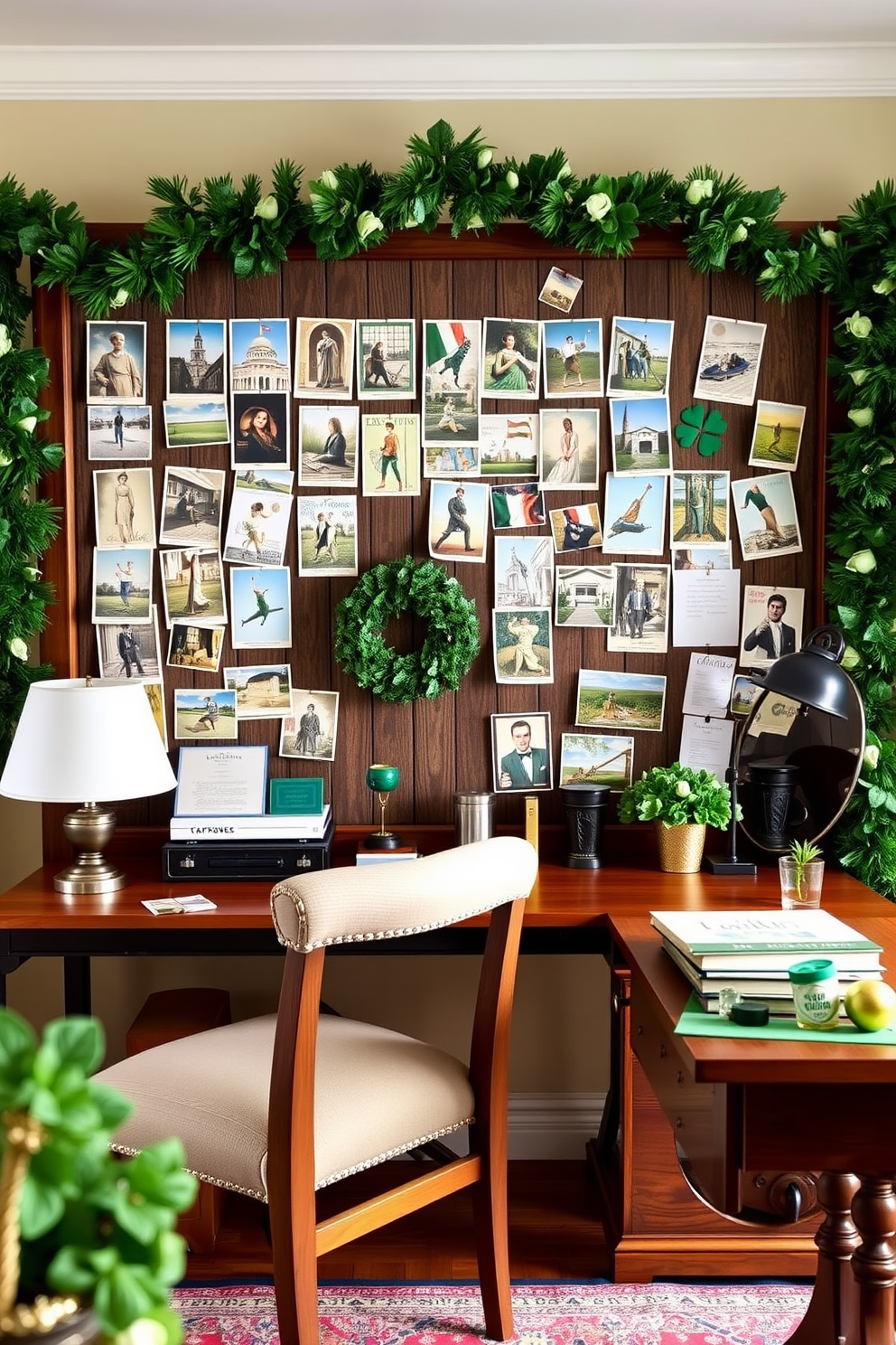 A cozy home office adorned with vintage Irish postcards pinned to a rustic bulletin board. The space features a wooden desk with a comfortable chair and St. Patrick's Day decorations, including green accents and festive garlands.