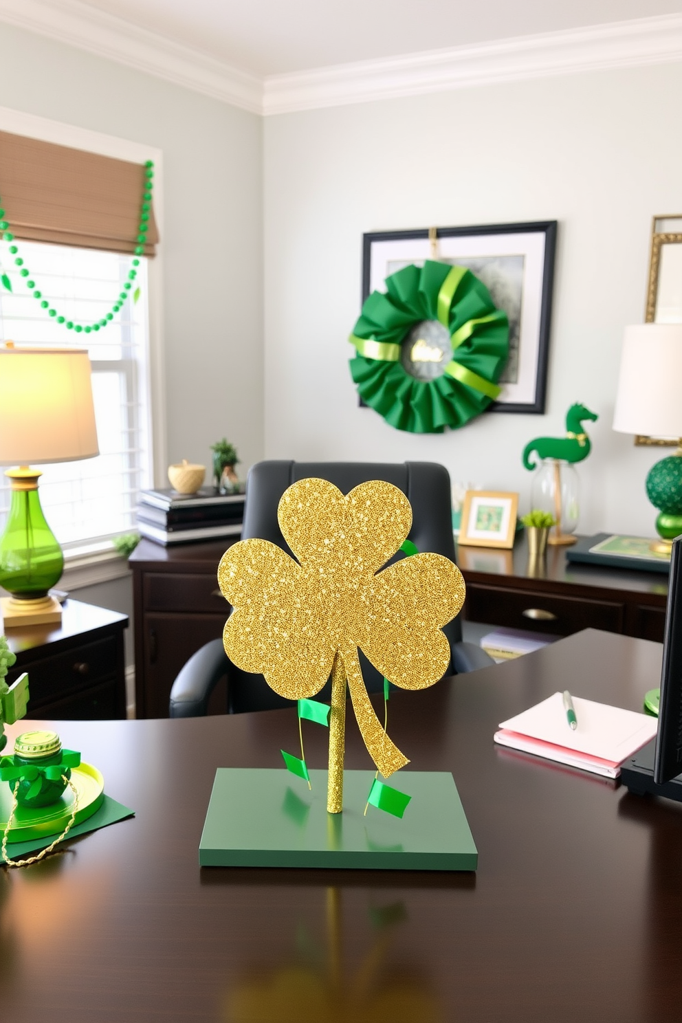 A cozy home office decorated for St. Patrick's Day features gold glittered mason jars used as vases. The jars are filled with fresh green flowers and placed on a sleek wooden desk alongside festive green and gold accents.