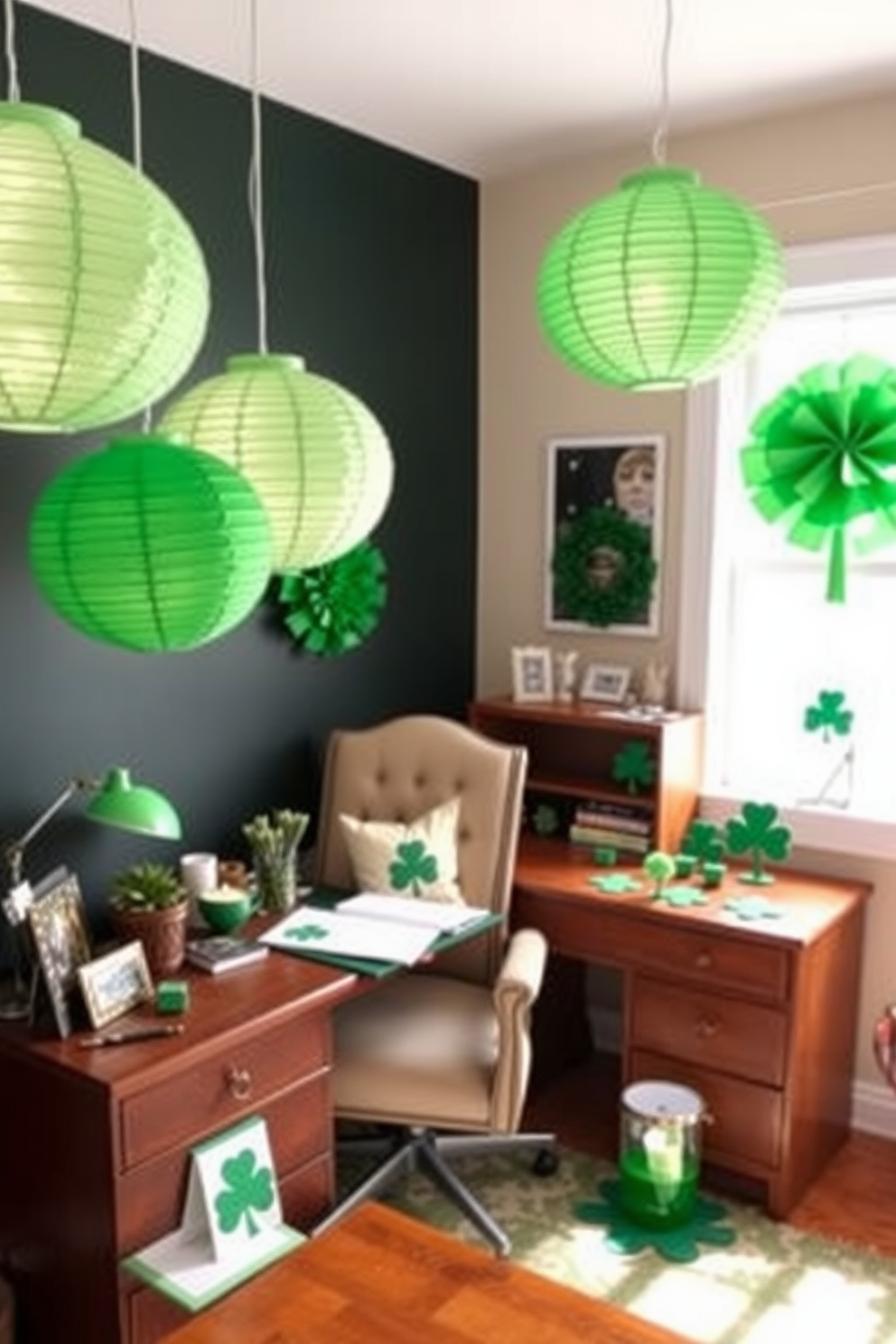 A cozy home office adorned for St. Patrick's Day. Hanging green paper lanterns create a festive atmosphere, while a wooden desk is decorated with shamrock-themed accessories.