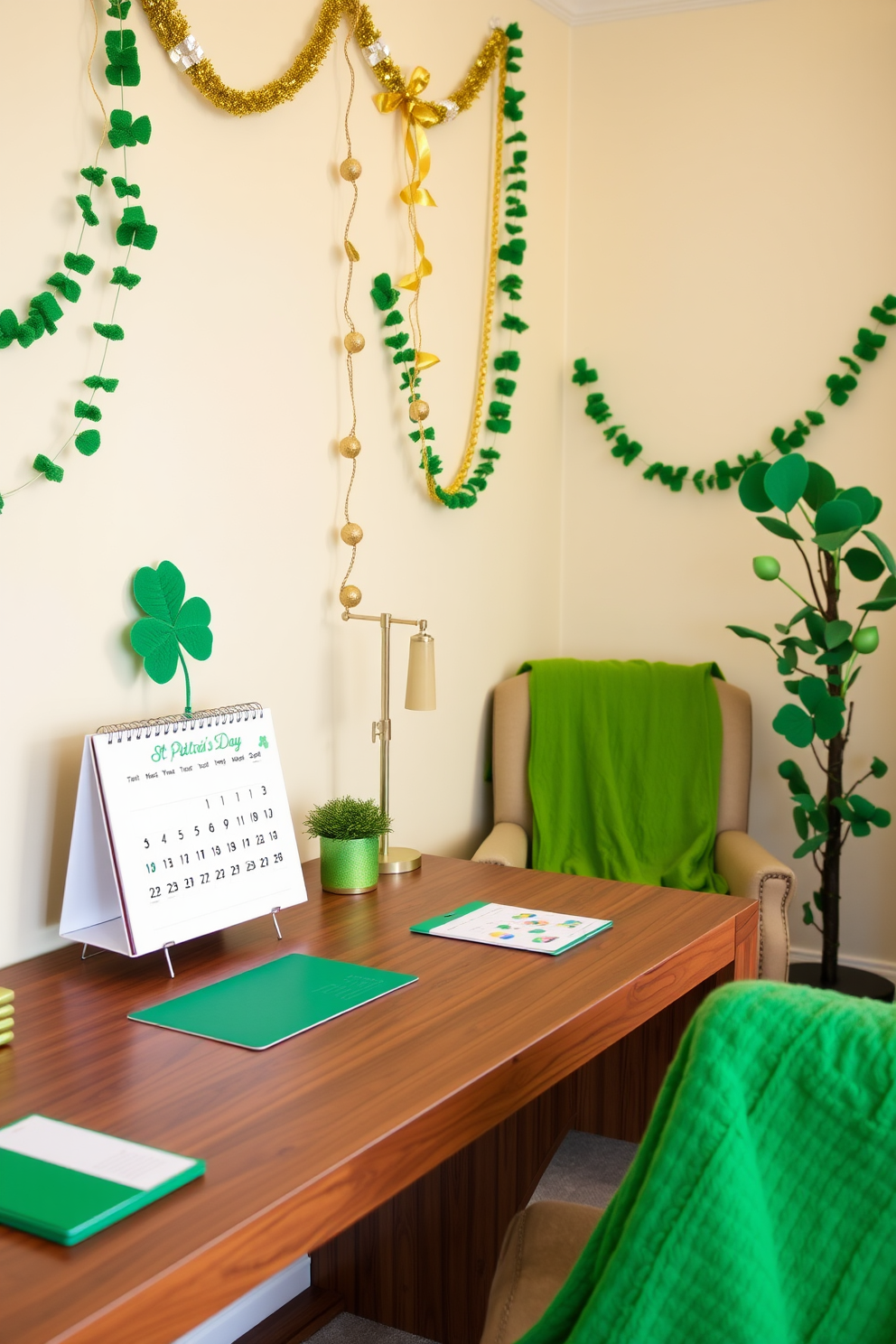 A vibrant home office setting featuring a St. Patrick's Day themed desk calendar prominently displayed on a sleek wooden desk. The desk is adorned with green and gold decor elements, including a small potted shamrock plant and festive garlands hanging on the walls. The walls are painted in a soft cream color, providing a warm backdrop for the holiday decorations. A cozy armchair with a green throw blanket is positioned in the corner, inviting productivity and celebration of the festive spirit.