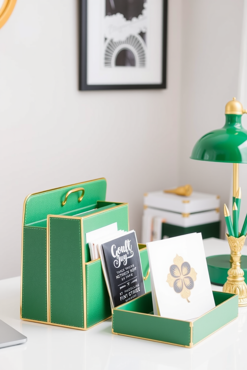 A stylish home office setup featuring green and gold desk accessories. The desk is adorned with a gold-trimmed green organizer, a green desk lamp, and a decorative gold pen holder, creating a festive St. Patrick's Day atmosphere.