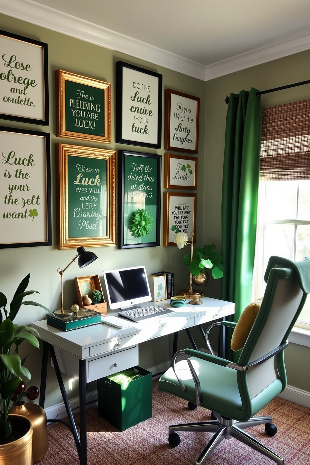 A cozy home office is adorned with framed quotes about luck on the walls, creating an inspiring atmosphere. The decor features a mix of green and gold accents to celebrate St. Patrick's Day, with a stylish desk positioned near a window that allows natural light to fill the space.