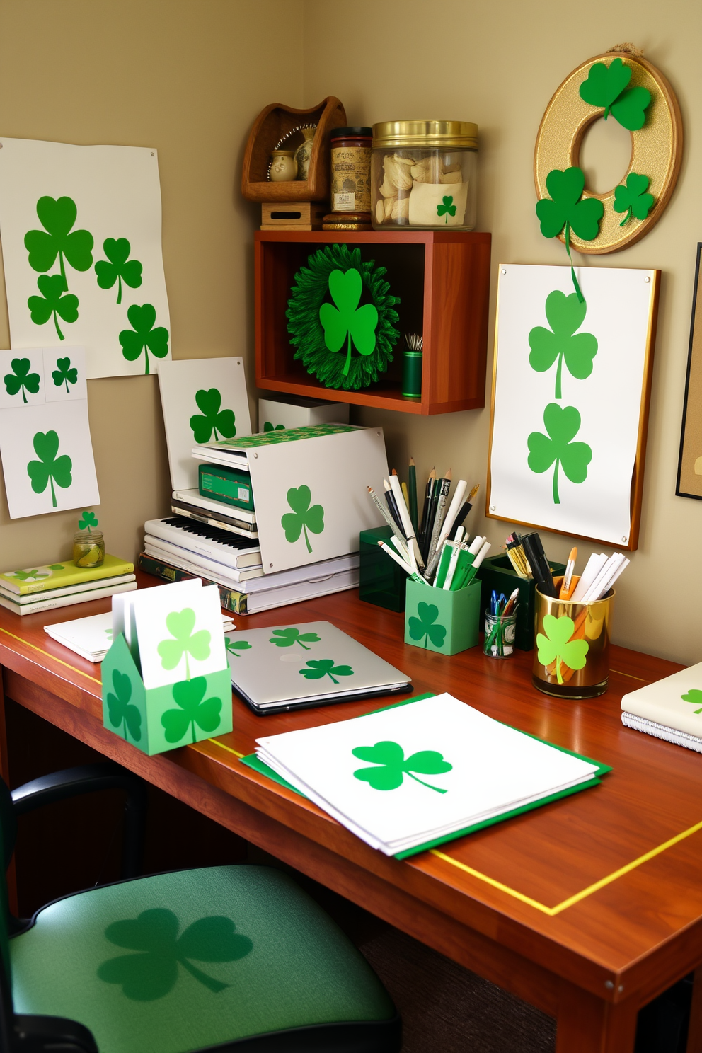 A cozy home office adorned with stenciled shamrocks on various office supplies. The desk features a green and gold color scheme, complemented by festive decorations that celebrate St. Patrick's Day.