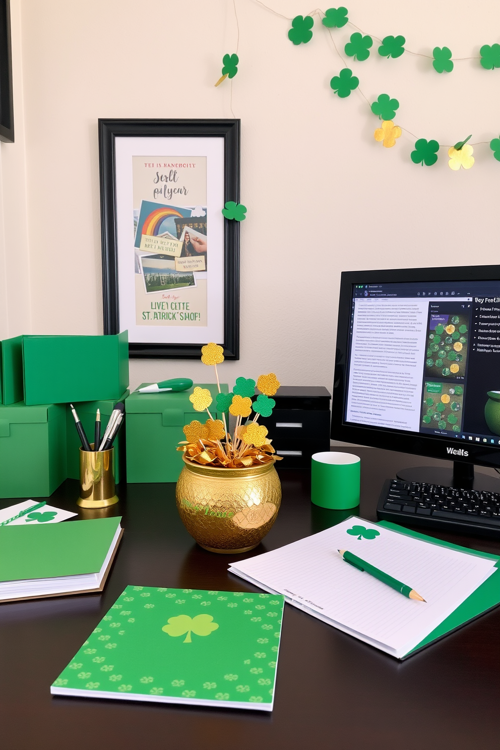 A cozy home office adorned for St. Patrick's Day features decorative gold coins scattered around the workspace. The coins glimmer on the desk alongside a vibrant green plant and festive shamrock accents.