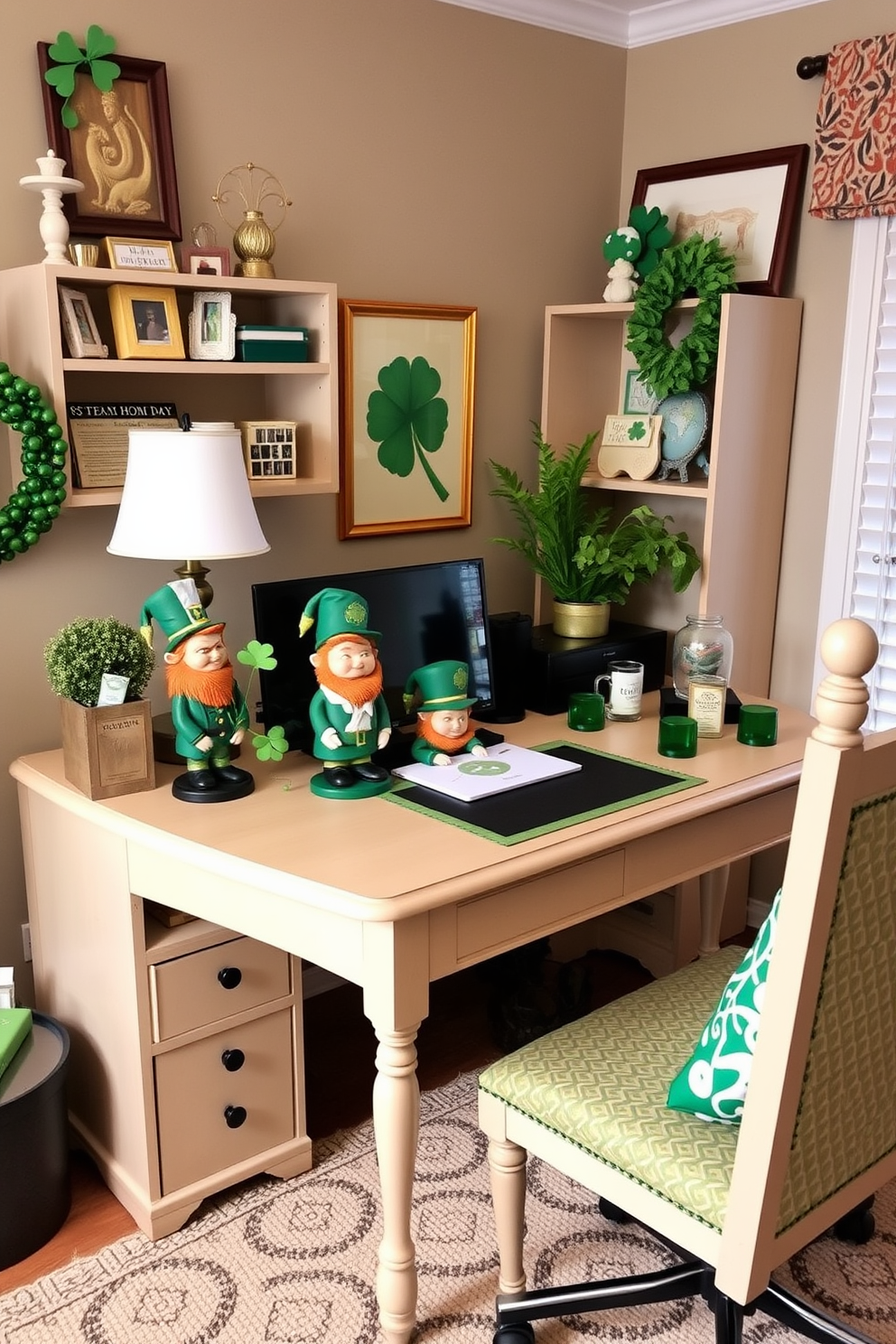 A charming home office setting decorated for St. Patrick's Day. The desk features whimsical leprechaun figurines, surrounded by green accents and festive decor.