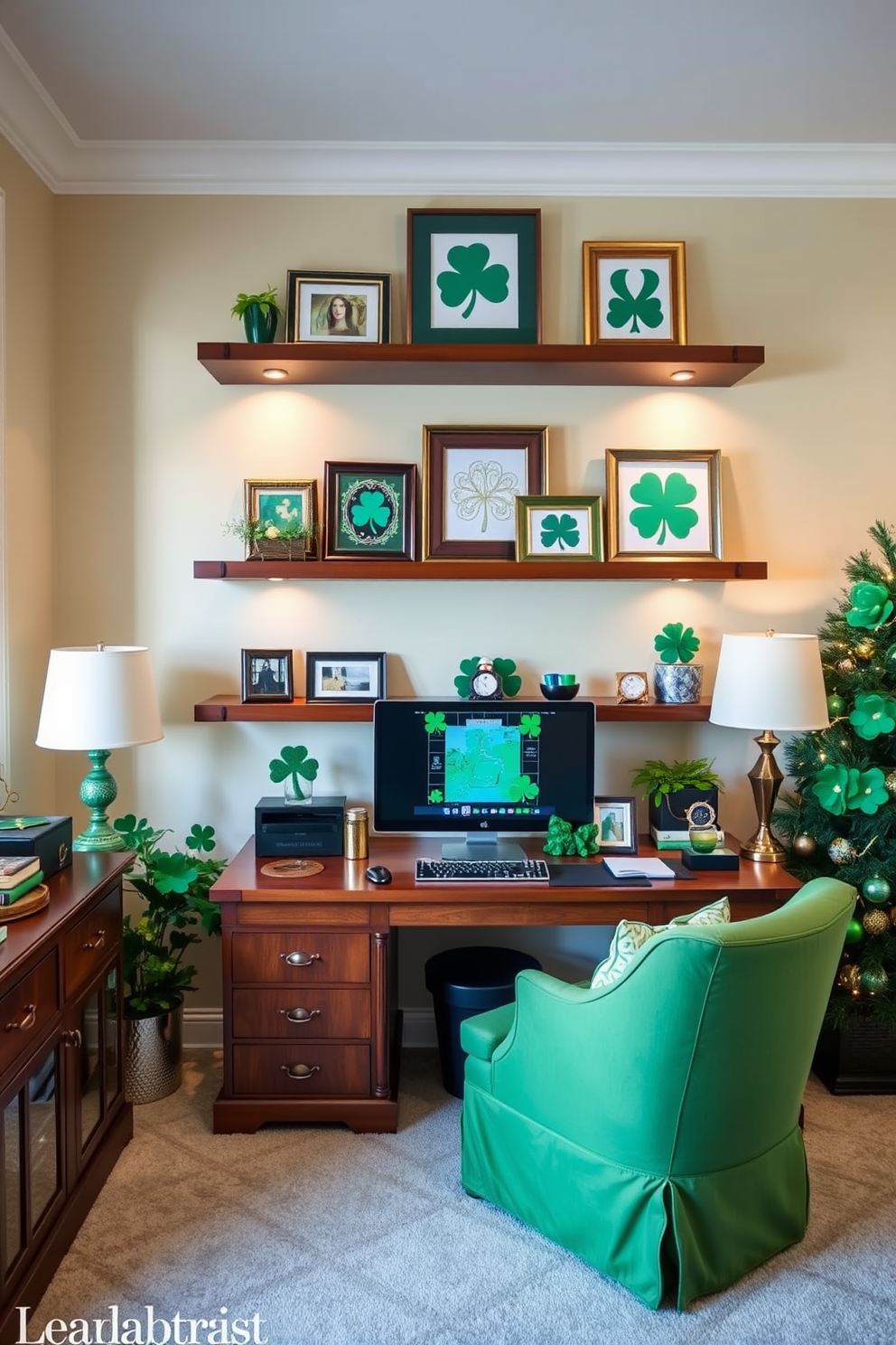 A cozy home office adorned with Irish themed artwork displayed on elegant wooden shelves. The walls are painted a soft cream color, and a green accent chair complements the festive St. Patrick's Day decorations throughout the space.