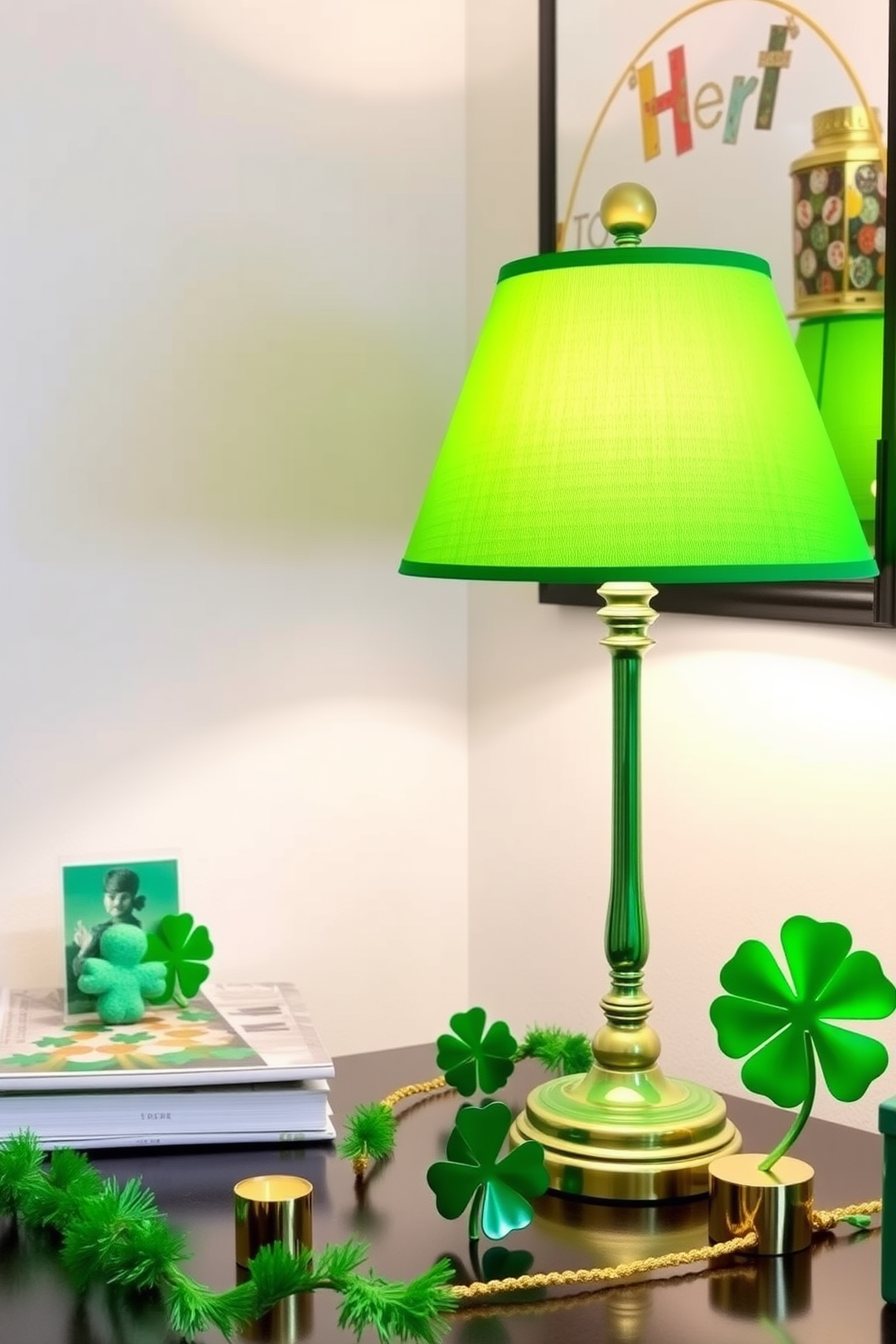 A festive home office setting featuring a green desk lamp with a vibrant shade. The desk is adorned with St. Patrick's Day decorations, including shamrock accents and gold accents to create a cheerful atmosphere.