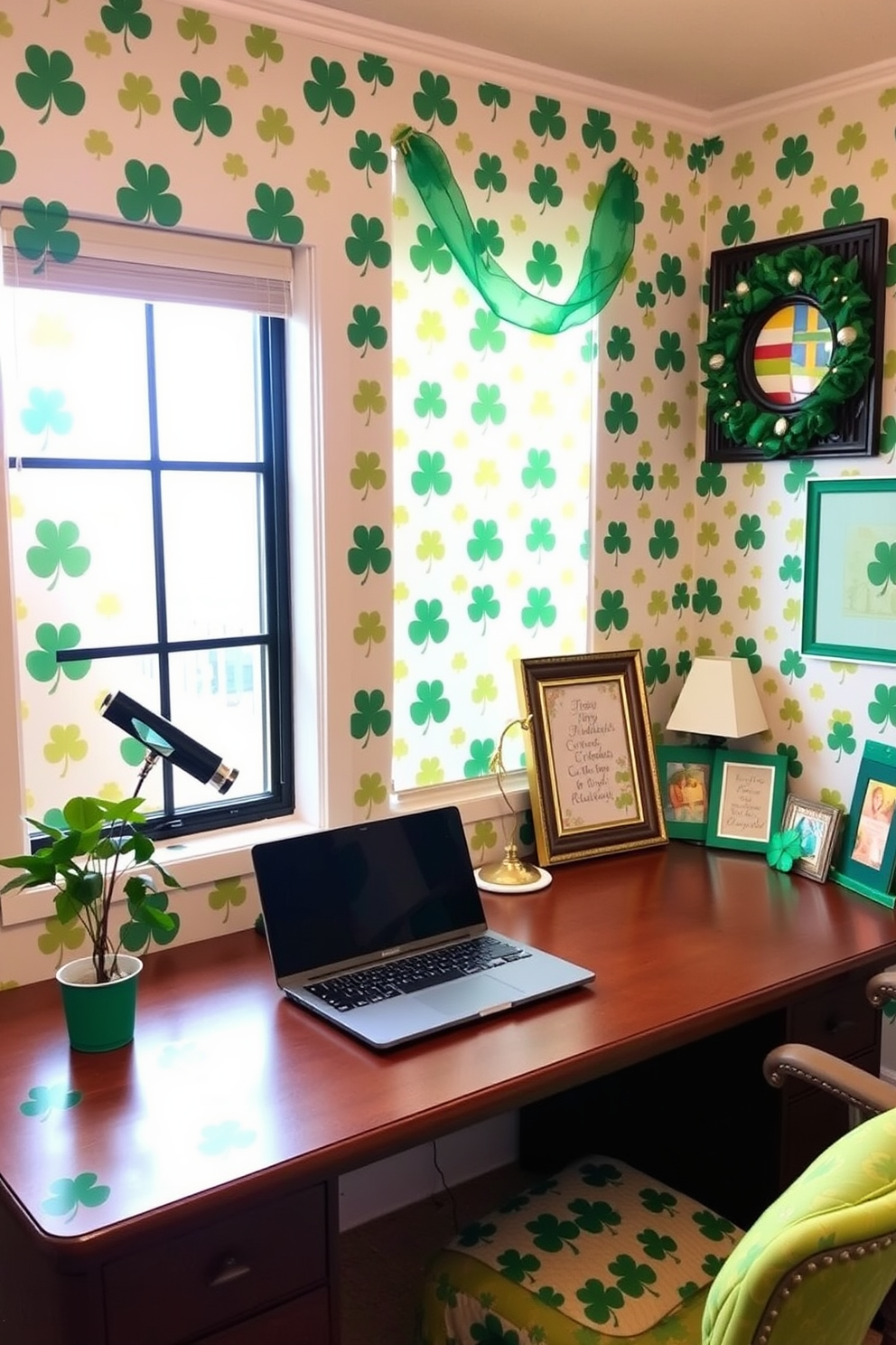 A cozy home office decorated for St. Patrick's Day features shamrock patterned wrapping paper adorning the walls and desk. A green and gold color scheme is complemented by festive accents such as a small potted shamrock plant and decorative Irish-themed artwork.