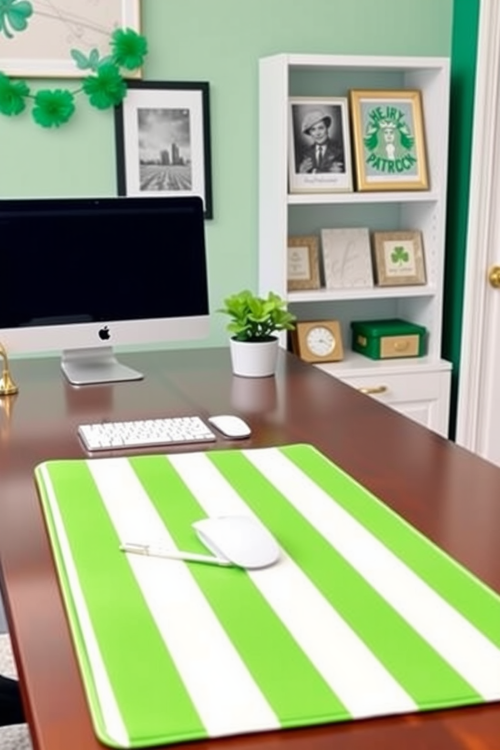 A cozy home office adorned with hanging shamrock mobiles gracefully suspended from the ceiling. The walls are painted in a soft cream color, and a dark wooden desk sits in the center, complemented by a comfortable ergonomic chair.