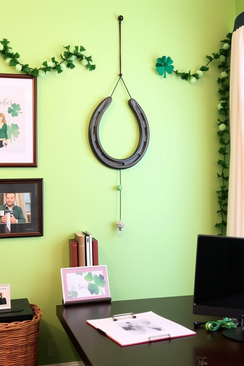 A charming home office featuring a lucky horseshoe wall hanging as a focal point. The walls are painted in a soft green hue, adorned with St. Patrick's Day-themed decorations that include shamrock garlands and festive artwork.