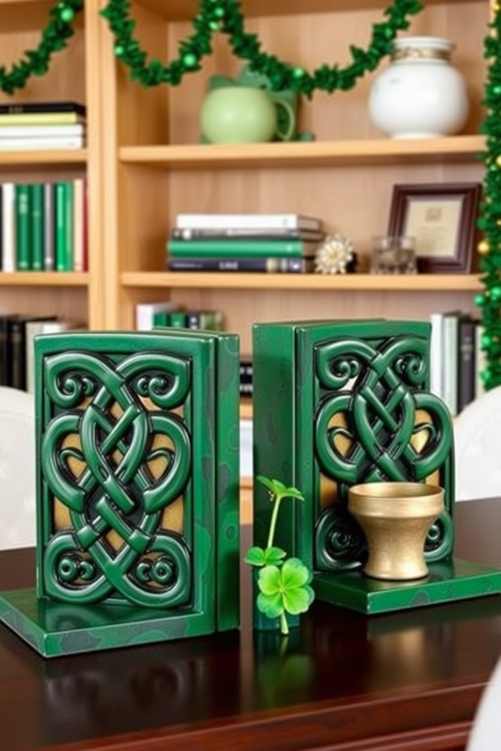 Celtic design bookends for shelves featuring intricate knotwork patterns and a rich green finish. The bookends are complemented by a backdrop of light oak shelves filled with books and decorative items. Home Office St. Patricks Day Decorating Ideas with a focus on green and gold accents. Include a desk adorned with a small potted shamrock plant and festive garlands draped along the walls.