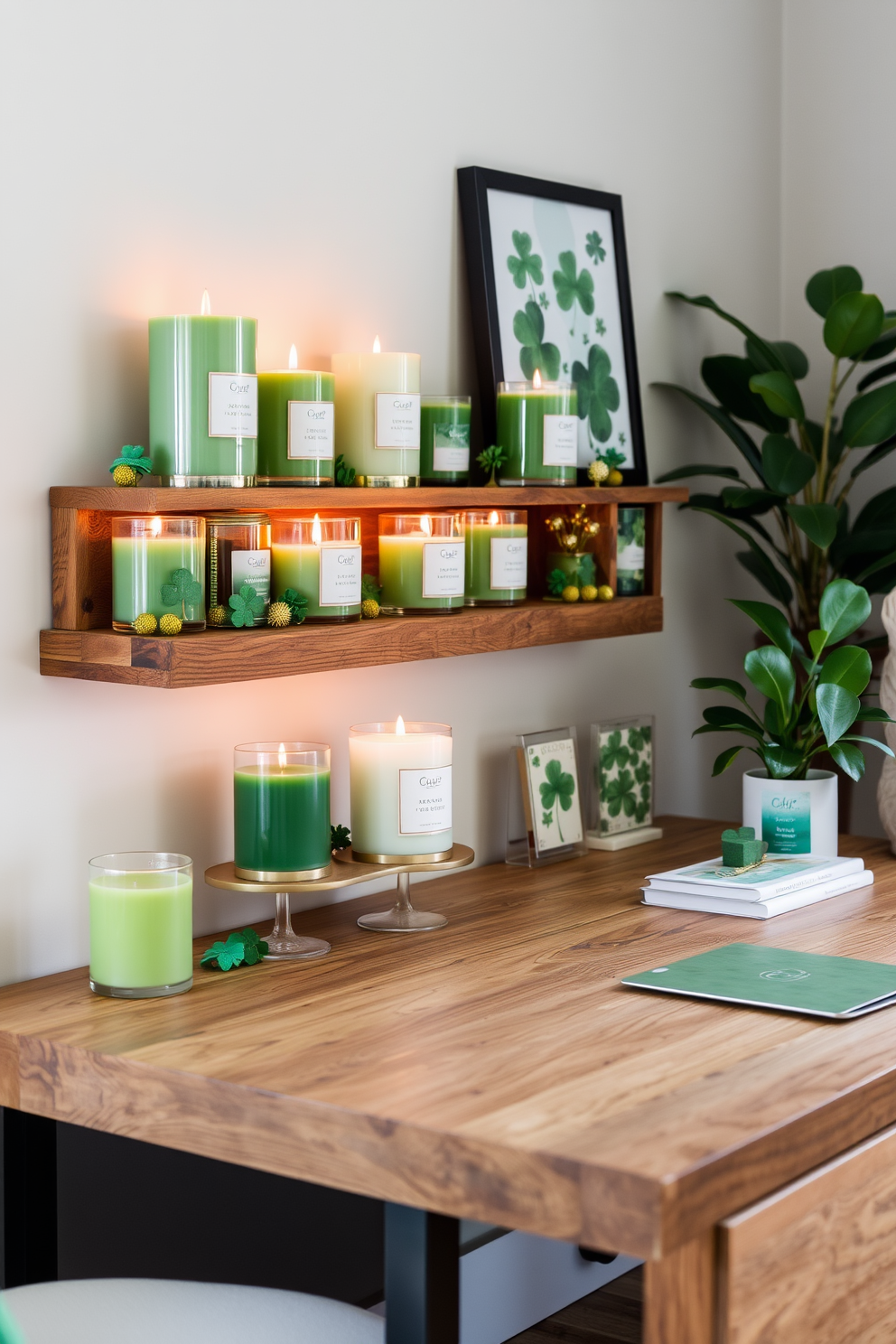 A St. Patrick's Day themed calendar display is set against a bright white wall. The calendar features vibrant green and gold accents with shamrocks and leprechauns adorning each month. In the home office, a cozy desk is decorated with a festive green table runner. A small potted plant with shamrock leaves sits beside a stack of gold-foiled notebooks.