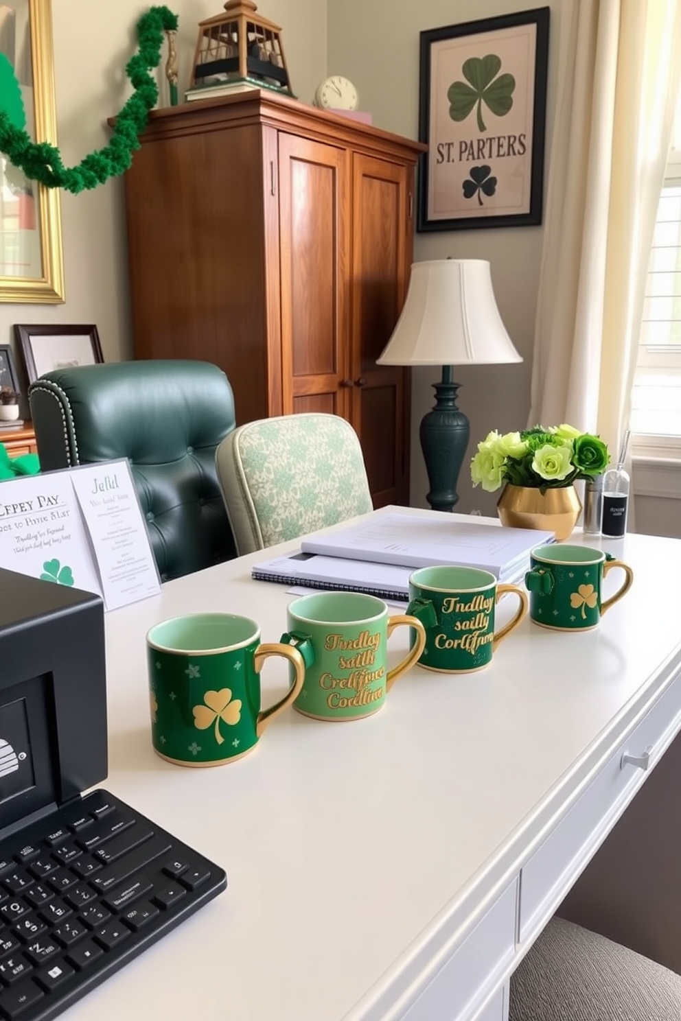 A cozy home office setting decorated for St. Patrick's Day. On the desk, a collection of decorative Irish themed mugs in vibrant green and gold colors adds a festive touch.