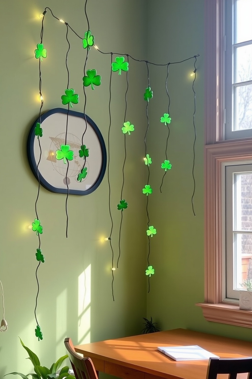 A cozy home office adorned with string lights shaped like shamrocks. The walls are painted a calming shade of green, and a wooden desk is positioned near a window, allowing natural light to illuminate the space.