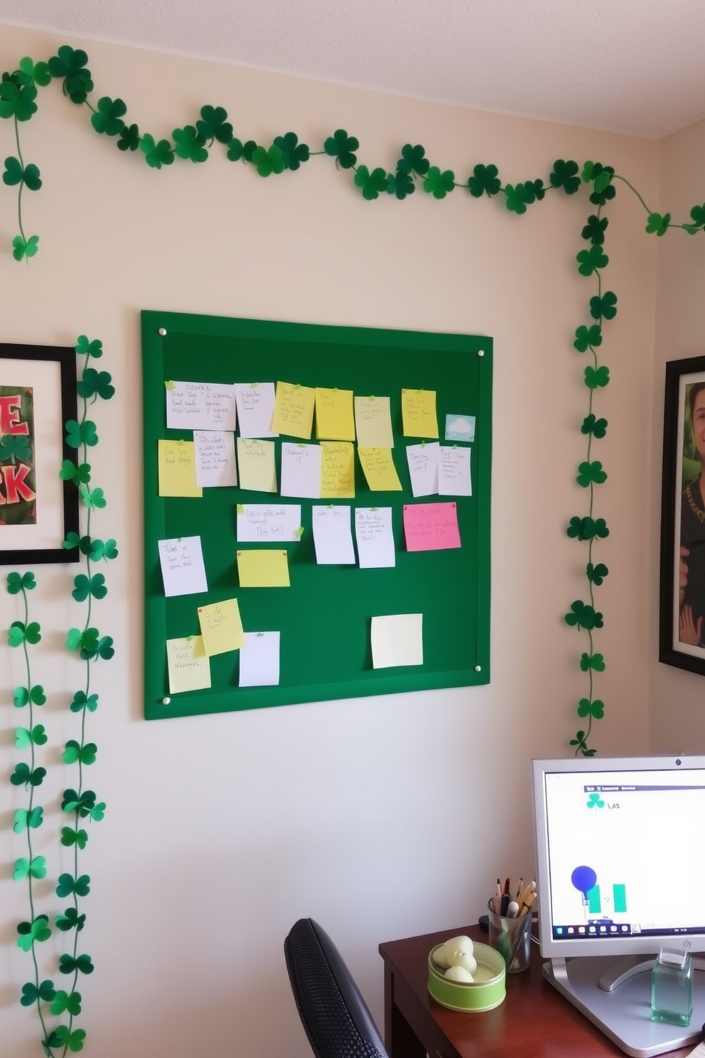 A cozy home office featuring an emerald green area rug placed under a sleek wooden desk. The desk is adorned with St. Patrick's Day decorations, including a small potted shamrock and gold accents throughout the space.